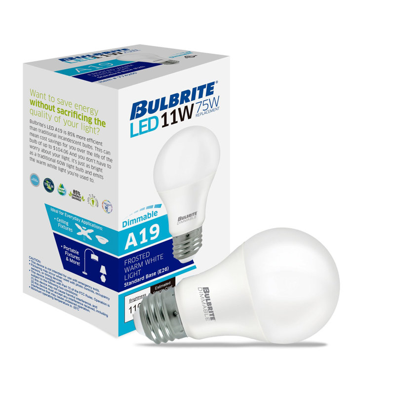 A19 LED, Dimmable Light Bulb, Warm White E26/Medium (Standard) Base, 2700K, 11W
