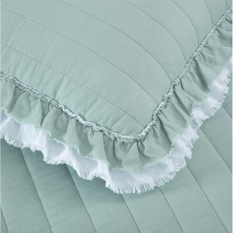 Bonnie Double Frayed Ruffled Edge Cotton Quilt Set, King Quilt + 2 King Shams, White/Aqua