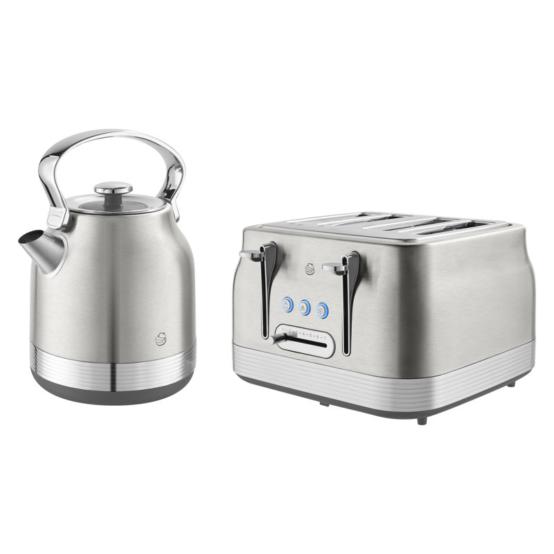 Swan Retro Kitchen Set, 1.7L Rapid Boil Traditional Kettle and 4 Slice Toaster, Non-Slip Feet, Stainless Steel