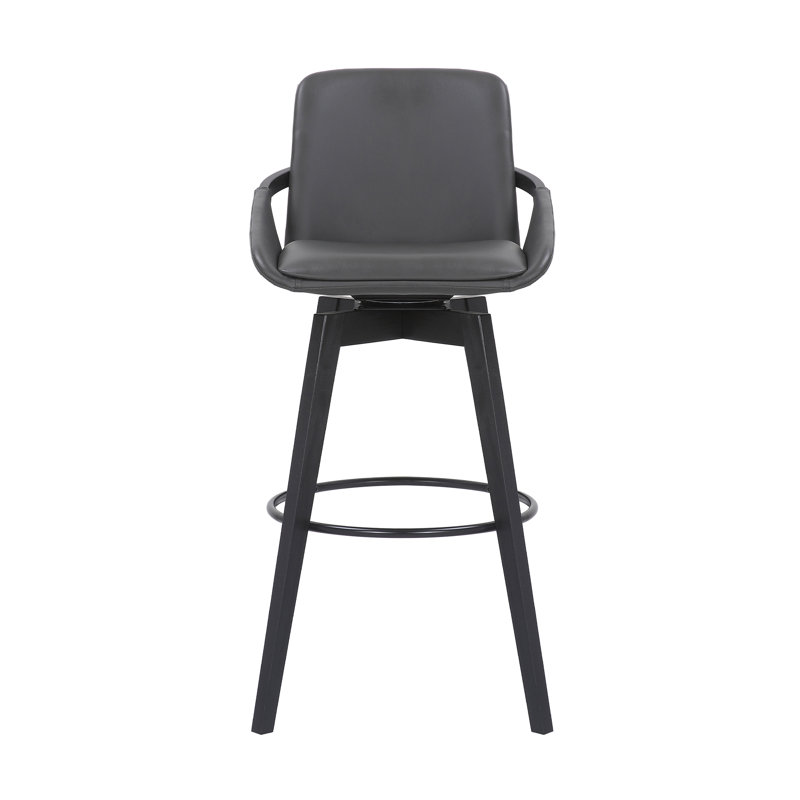 Allyssa Swivel Counter or Bar Height Bar Stool with Arms and Footrest in Faux Leather and Wood, Grey Faux Leather, Black