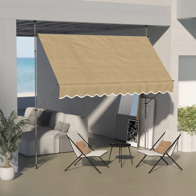 Manual Retractable Awning, Non-Screw Freestanding Patio Sun Shade Shelter With Support Pole Stand And UV Resistant Fabric, For Window, Door, Porch, Deck