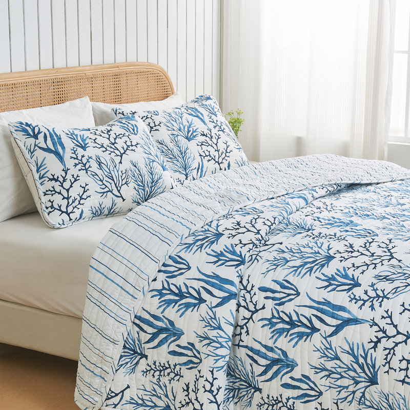 Navy Coral Twin Reversible Microfiber Coastal Quilt Set
