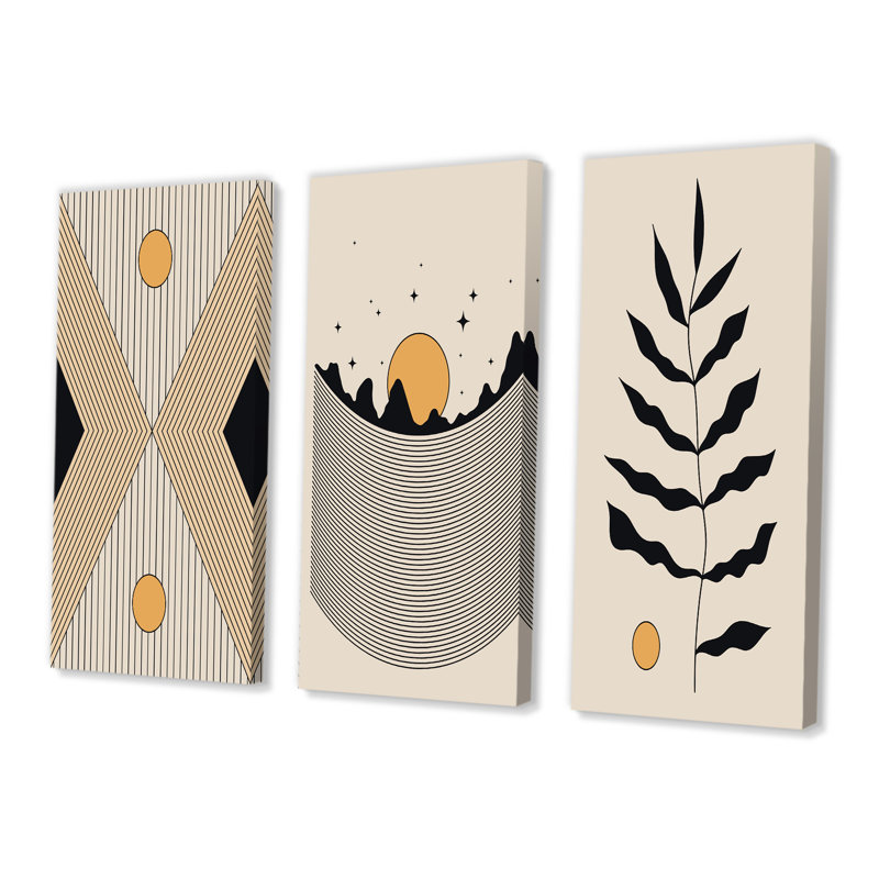 Boho Golden Sun, paysage monochrone III - ensemble d'art moderne Mid-Century de 3 pièces, H 40 po x l 60 po