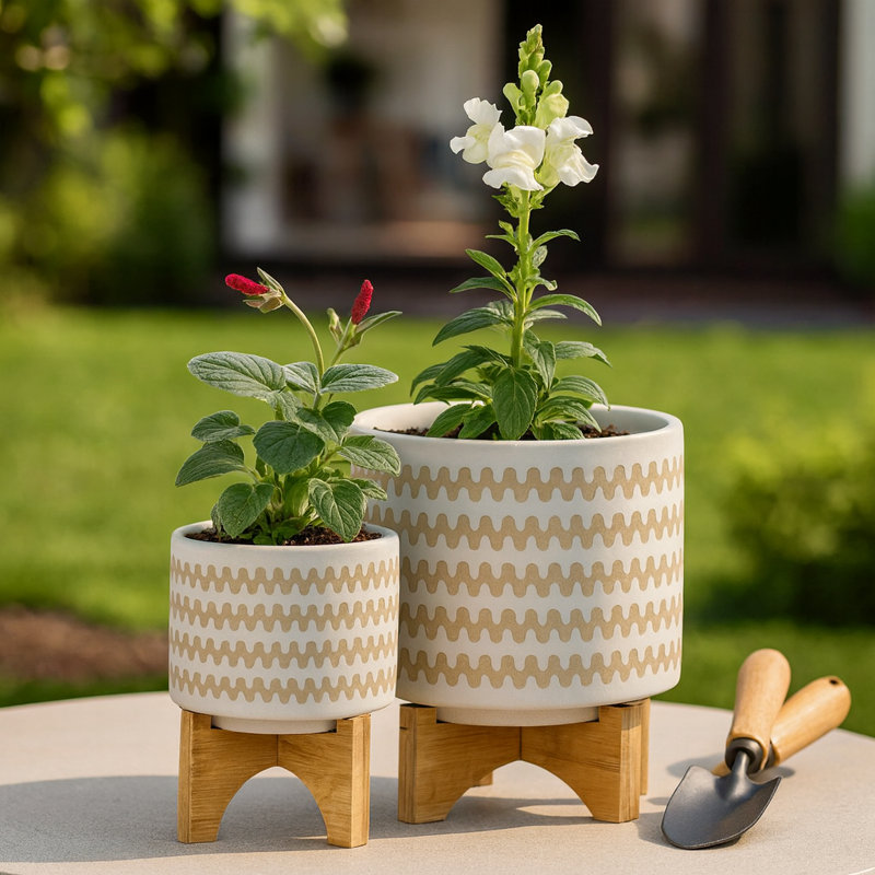 Wavy Pattern Outdoor Planters on Stand for Indoor Home Decor - Modern Ceramic Flower Pots Accent for Living Room or Patio - Set of 2, 11", 7", White & Tan