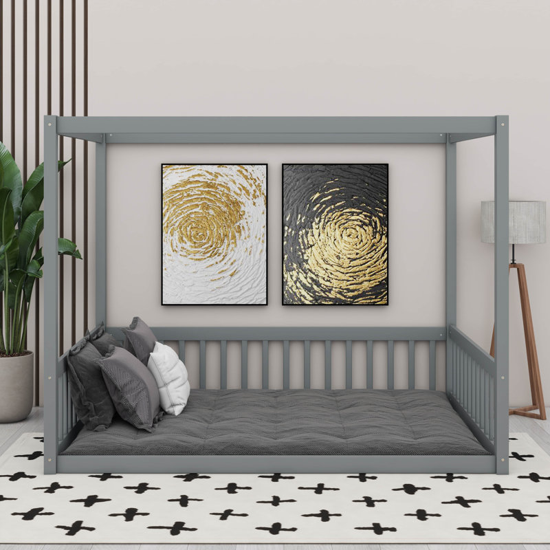 Lit double en bois d'hévéa avec clôture, gris