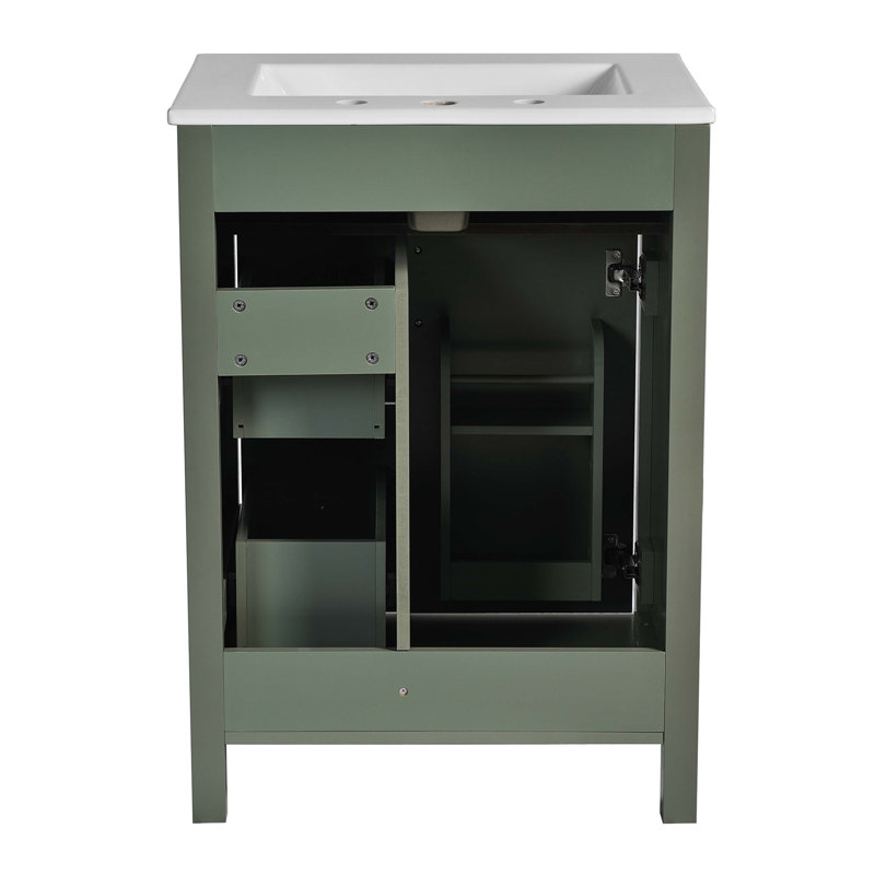 Meuble-lavabo de 24 pouces avec lavabo en céramique, 1 porte à fermeture douce, 2 tiroirs à fermeture douce, Vert