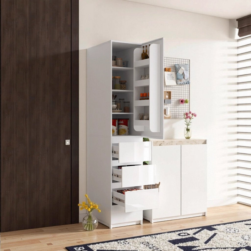 Armoire de cuisine blanche - rangement moderne avec tablettes et tiroirs
