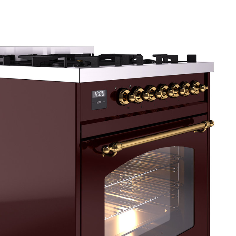 ILVE Nostalgie II 30 in Dual Fuel Range, Burgundy/Brass, Natural Gas