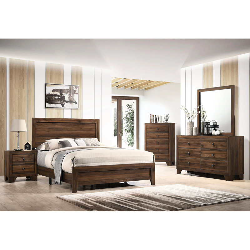 Lit à panneaux contemporain en bois brun cerisier, très grand mobilier de chambre à coucher, Brun, Très grand lit