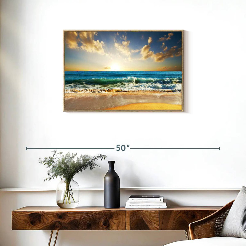Coucher de soleil sur l'océan, Cadre flottant en bois naturel, 31 po x 21 po