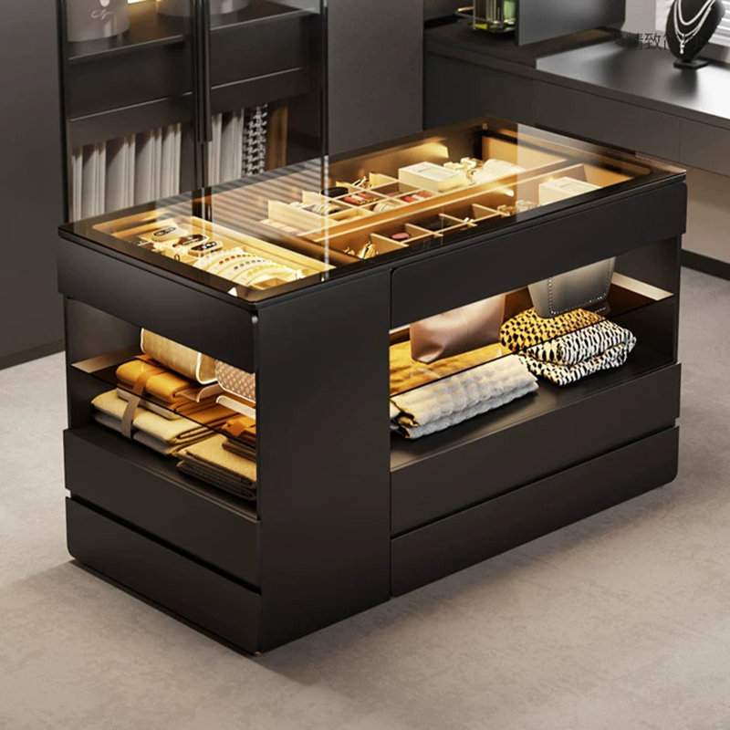 Îlot à bijoux minimaliste moderne de 100 cm (39,37 po) en bois massif à plusieurs niveaux – Plateau en verre trempé avec compartiments de rangement à DEL, tiroirs biseautés sans poignées, étagères réglables, espace d'exposition ouvert, organisateur de bijoux luxueux et lumineux de grande capacité