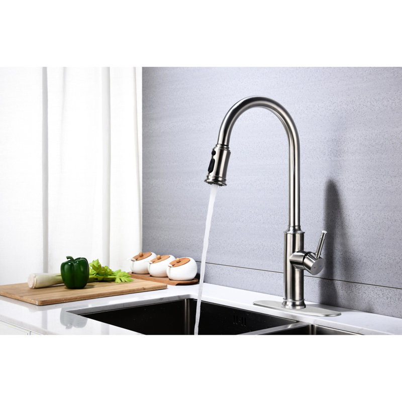 Robinet de cuisine avec extracteur rotatif à 360 °, trois options de débit d'eau, fonctionnement à levier unique, acier inoxydable nickel brossé, surface de saleté, éclaboussure aérée, débit de 6,09 lb, buse haute