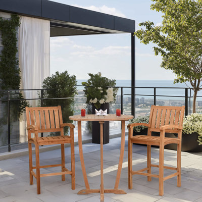 Ensemble bistro 3 pièces en bois de teck comprenant une table ronde 35 "Miami et 2 tabourets de bar avec accoudoirs Abacho
