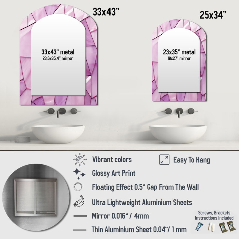 Pink Tranquil Surrender collages - Abstract Arch Decorative Mirror On Metal, 34 po x 25 po