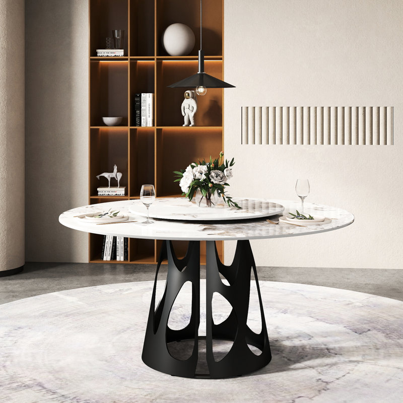 Table de salle à manger ronde 59,93 "avec plateau en pierre frittée et base en fer noir, 6 à 8 sièges, disque rotatif de 31,5", siège en métal résistant aux vibrations, plateau tournant blanc, usure