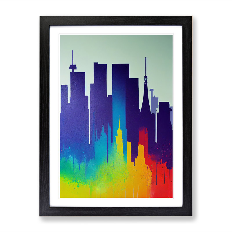Colourful City Skyline No.5 Abstract - Wall Art, 36cm H x 27cm W x 2cm D, Black Framed, White