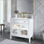 Lavabo de salle de bain de style Mid-Century avec verre à motif et bande lumineuse à capteur de mouvement, lavabo de salle de bain autoportant Farmhouse avec rangement, meuble-lavabo haut de gamme (robinet non inclus)-632656077