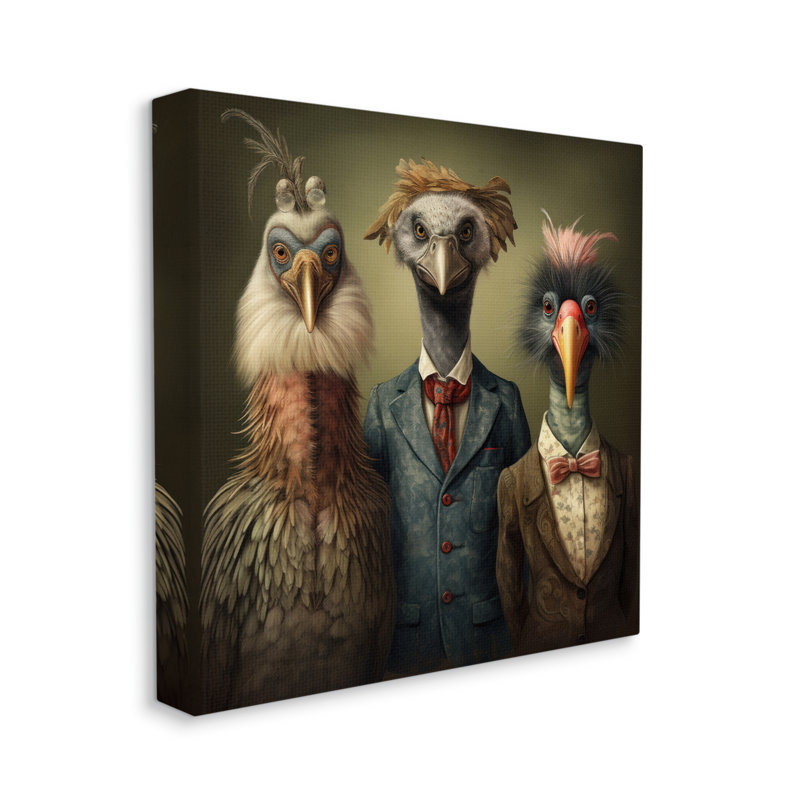 Oiseaux en costumes de fantaisie sur toile, H 24 po x l 24 po x P 1,5 po