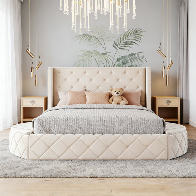 Beige Velvet Upholstered Queen Bed - Wingback Headboard, 1 Big Drawer + 2 Side Storage Stools, Beige