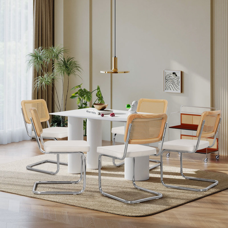 Velvet And Teddy Fabric Upholstered Side Chair With Cane Rattan Back, Silver, White