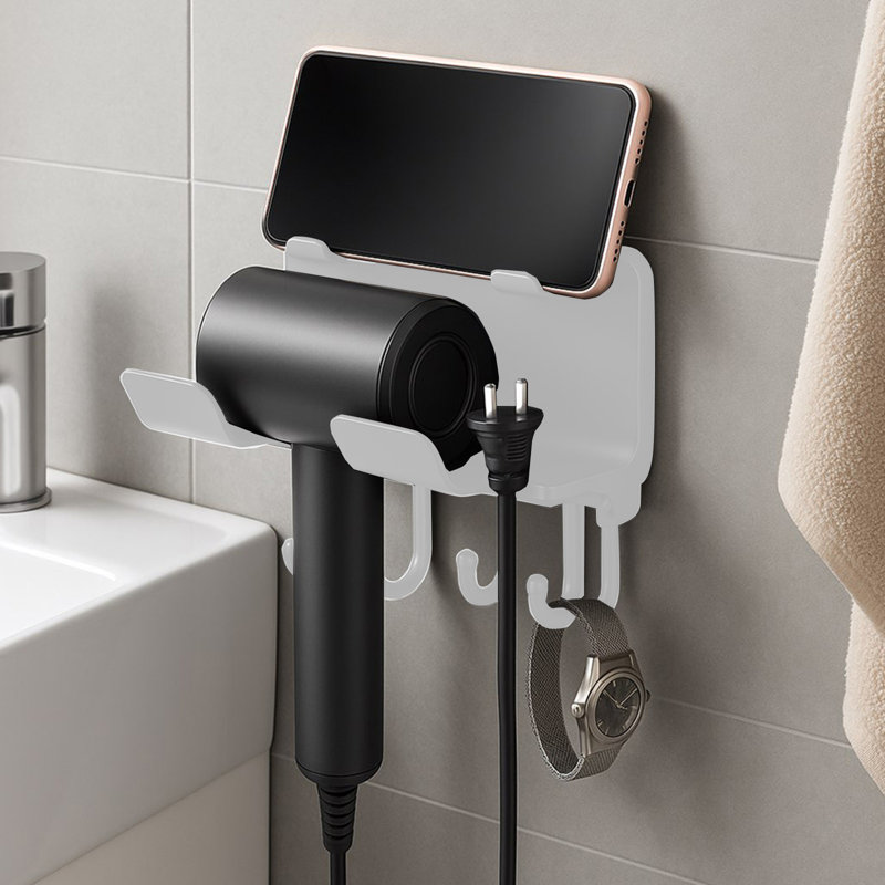 Séchoir mural pour salle de bain Rack No Drill Support de séchoir à cheveux mural multifonctionnel, White