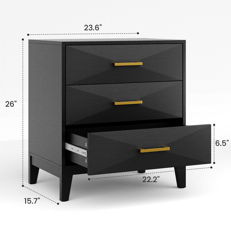 Modern Black 3-Drawer Nightstand with Textured Front, Individual