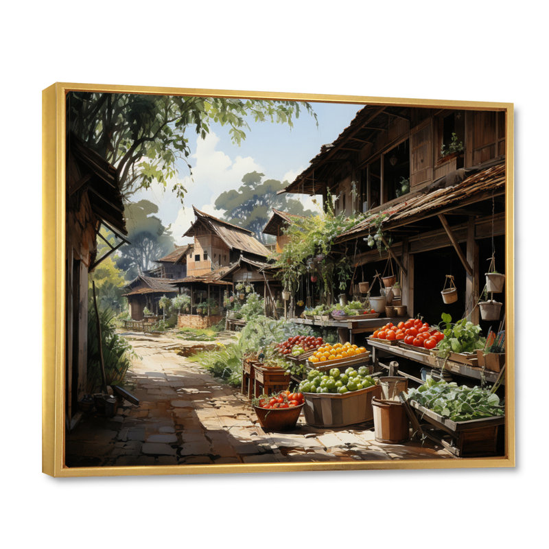 Décoration murale du village thaïlandais I - Thaïlande, H 12 po x l 20 po x P 1 po, Cadre flottant doré