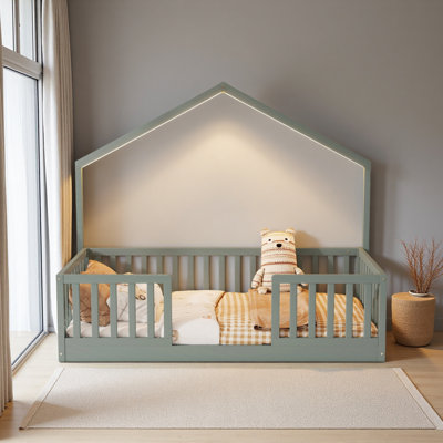 Floor Bed With High Rails, Wooden Montessori Bed With Light For Kids