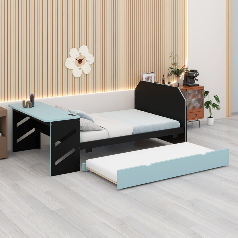 Lit de jour avec couchette, bureau et port USB, Bleu nuage