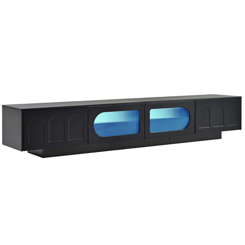 TV Stand with Fluted tempered Glass Doors for TVs Up to 95'', Functional Media Console with Arched Cabinet Doors, Entertainment Center with APP-Controlled LED Light