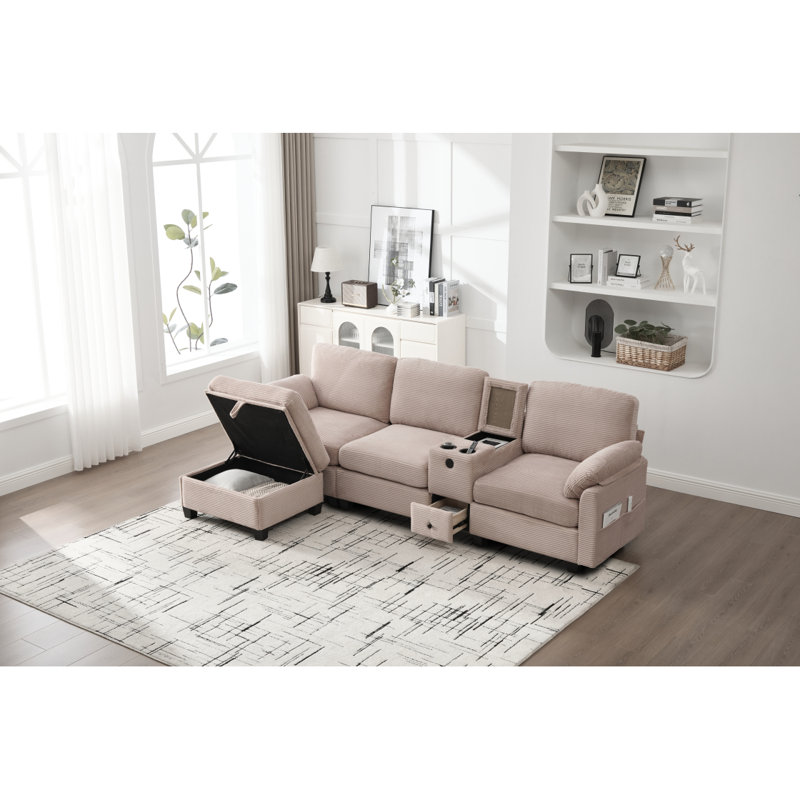 UNITED WE WIN L-Type Multifunctional Corduroy Sofa: 4-Seater Segmented Design With Cup Holder/USB Interface/Storage Box, Equipped With Movable Console+Ottoman Style Storage Space, Optimized For Apt.