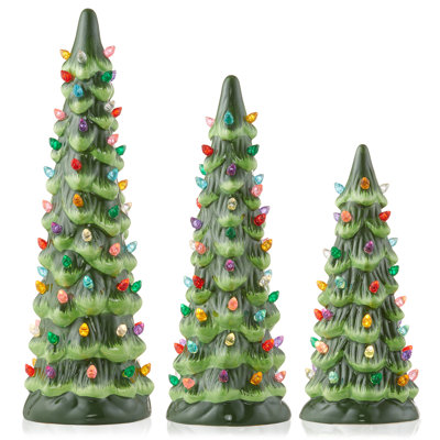 Ensemble de 3 pièces d'arbres de Noël en céramique verts pré-éclairés 8/10/12 po - multi lumières