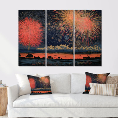 New Year Fireworks Over The Country Retro - Fireworks Wall Art Decor Set