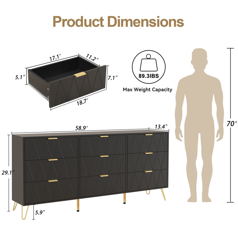 Commode 9 tiroirs l 58,9 po Telfair, Noir
