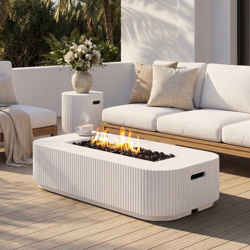 Ehlman Outdoor 48.2" Rectangular MGO Fire Pit With Tank Holder / Side Table - 50,000 BTU, White
