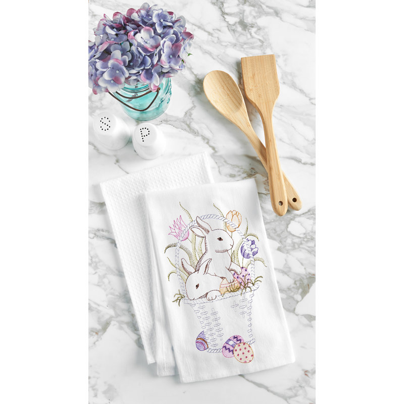 Serviette de lapin, Panier blanc / rose / vert