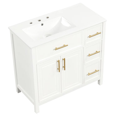 Meuble-lavabo moderne avec lavabo en céramique, bois massif et planches, meuble de 36 po avec emplacement pour lavabo gauche, blanc, à gauche, 2 portes, 3 tiroirs, peu encombrant