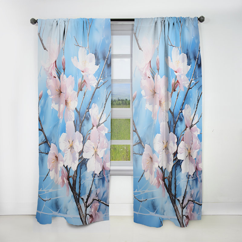 Rideau en velours Anais blanc et bleu Cherry Blossoms Flow III Anais, L 52 po x L 95 po