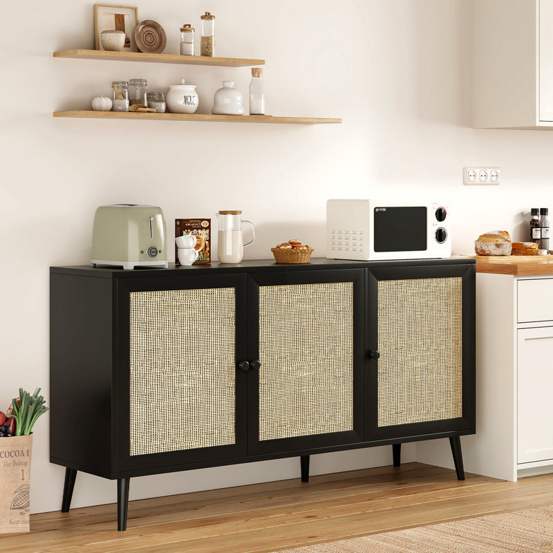 Buffet avec 3 portes en rotin et console de rangement pour la cuisine, Noir