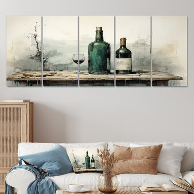 «Green Minimalist Wine Bottles Silhouette IV», art mural 5 pièces