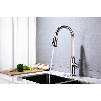 Kitchen Faucet With 360 Rotating Pull Out , Three Water Output Options, Single Lever Operation, Brushed Nickel Stainless Steel, Dirt Surface, Aerated Splash- Bubble Flow, 6.1 Lb High Nozzle, Stream