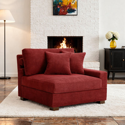 Milbrey Upholstered Red Corduroy Armchair with Pillow Back and Solid Wood Legs