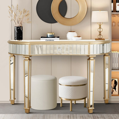 47" Half-Moon Mirrored Console Table with Fluted Glass Crystal Knob Drawer - Silver Entryway Vanity Desk for Bedroom/Dressing Room(Gold+Sliver)