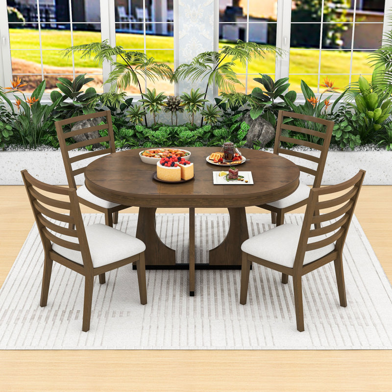 5-Piece Dining Set, Wooden Table with Removable Leaf, Walnut