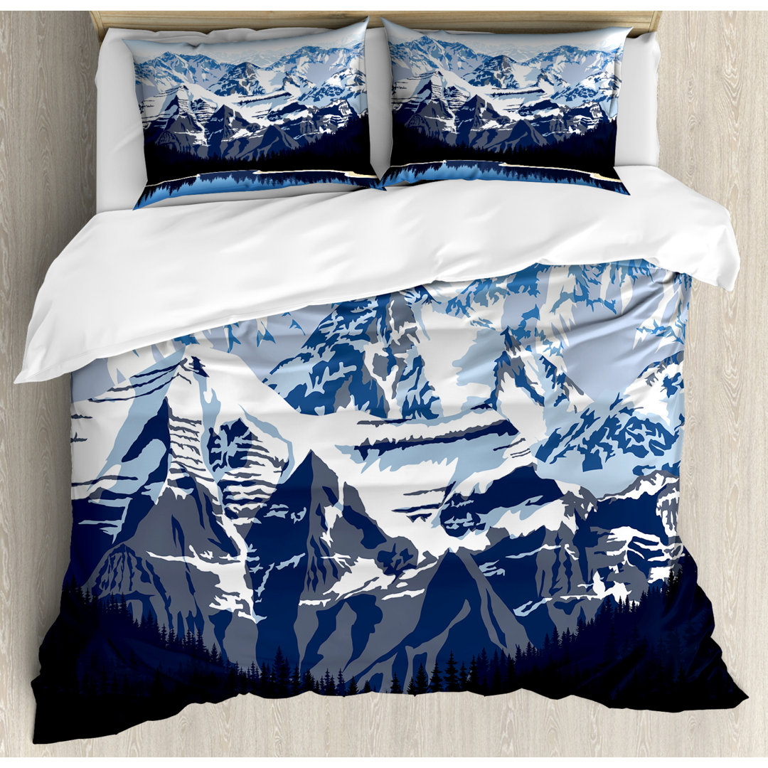 Bettbezug Set, Berg mit Schnee Blick, Landschaft, Dunkelblau Blau grau Grau