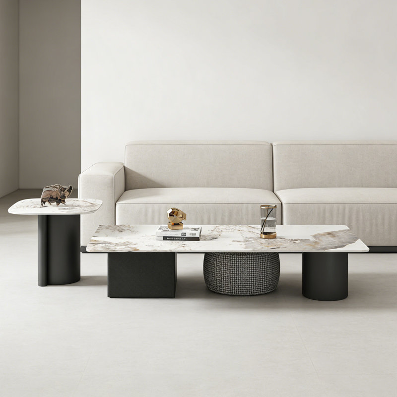 Modern Rectangle Home Slate Coffee Table Set, White/Gray, 13.77" H x 55.11" L x 27.55" W
