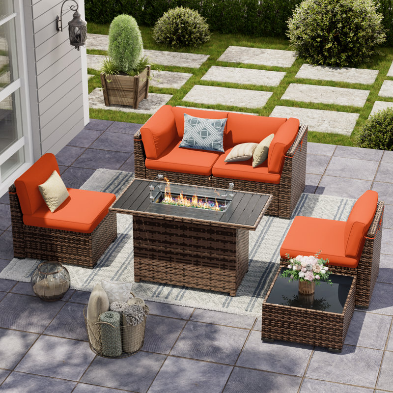 Ensemble de conversation en osier / rotin Bhairavi avec coussins et foyer, 4, Orange