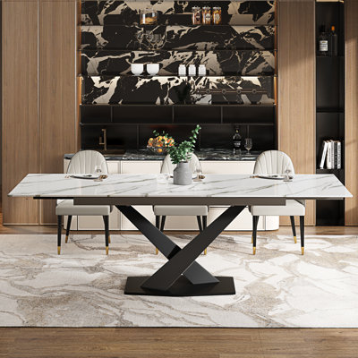 Ensemble de table de salle à manger avec plateau en pierre frittée extensible de 94,5 po et 8 chaises en similicuir