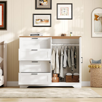 43.3" Tall Armoire Wardrobe Closet with 4 Drawers, 2-Door Wooden Dresser with Hanging Rod and Storage Top