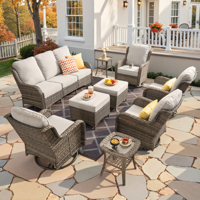 Cracraft 9-Piece All-Weather Wicker Patio Furniture Set With Swivel Rocker Chairs, Deep Seating Sofa & Ottomans For Backyard, Patio & Poolside